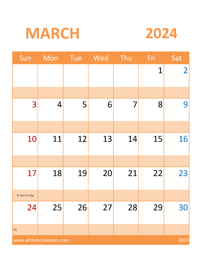 Download Free Mar 2024 Printable Calendar Letter Vertical 34117