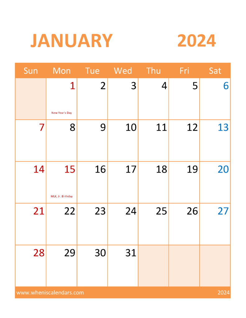 Download Calendar January 2024 excel Letter Vertical J4118