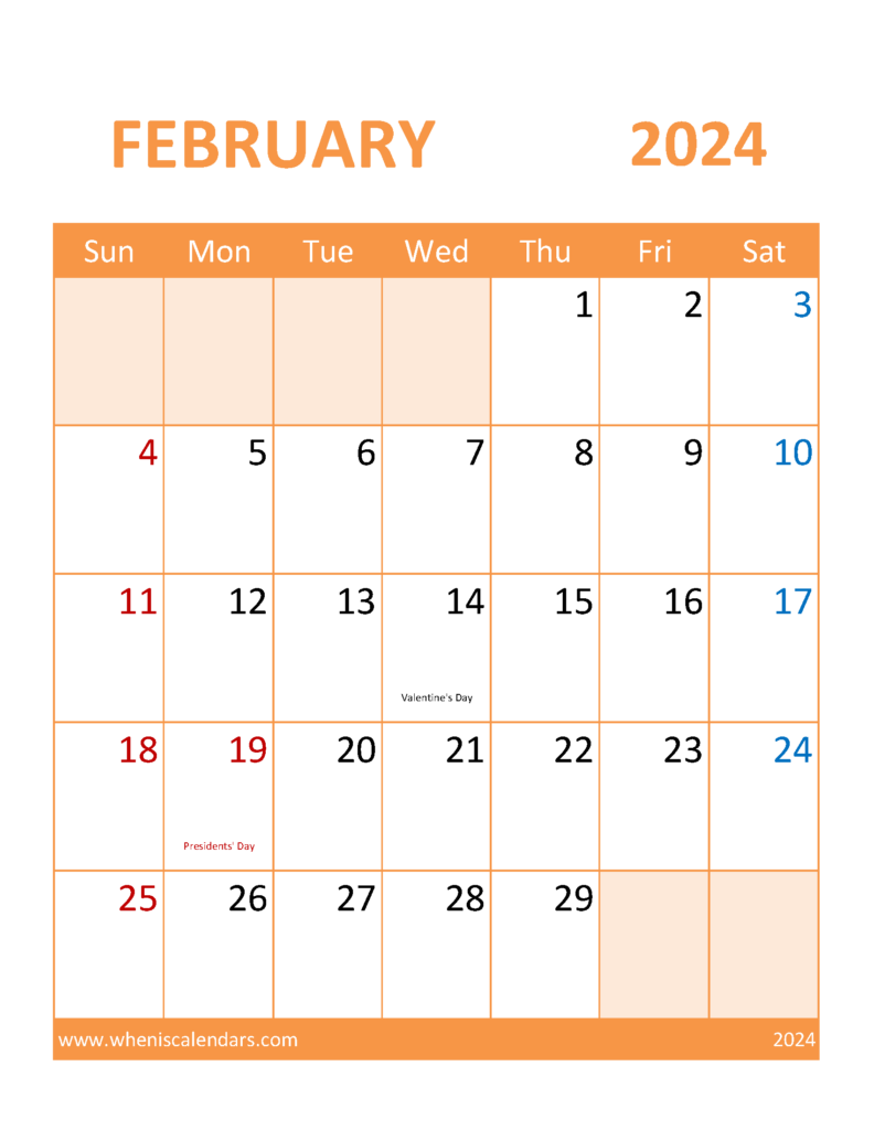 Download Calendar February 2024 excel Letter Vertical 24118