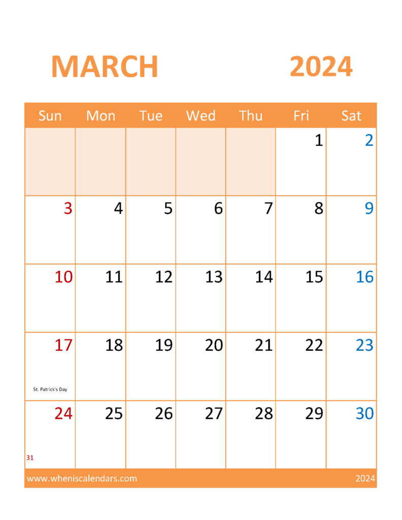 Download Calendar March 2024 excel Letter Vertical 34118