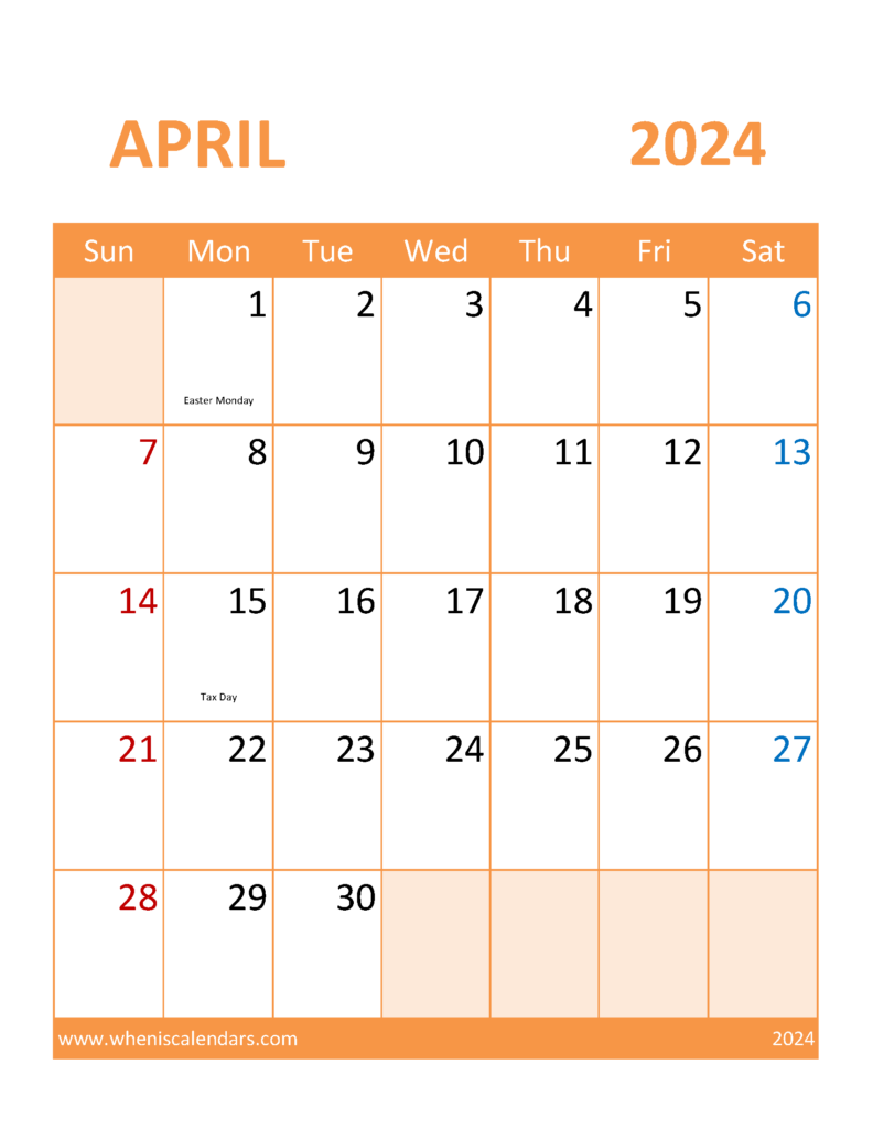 Download Calendar April 2024 excel Letter Vertical 44118