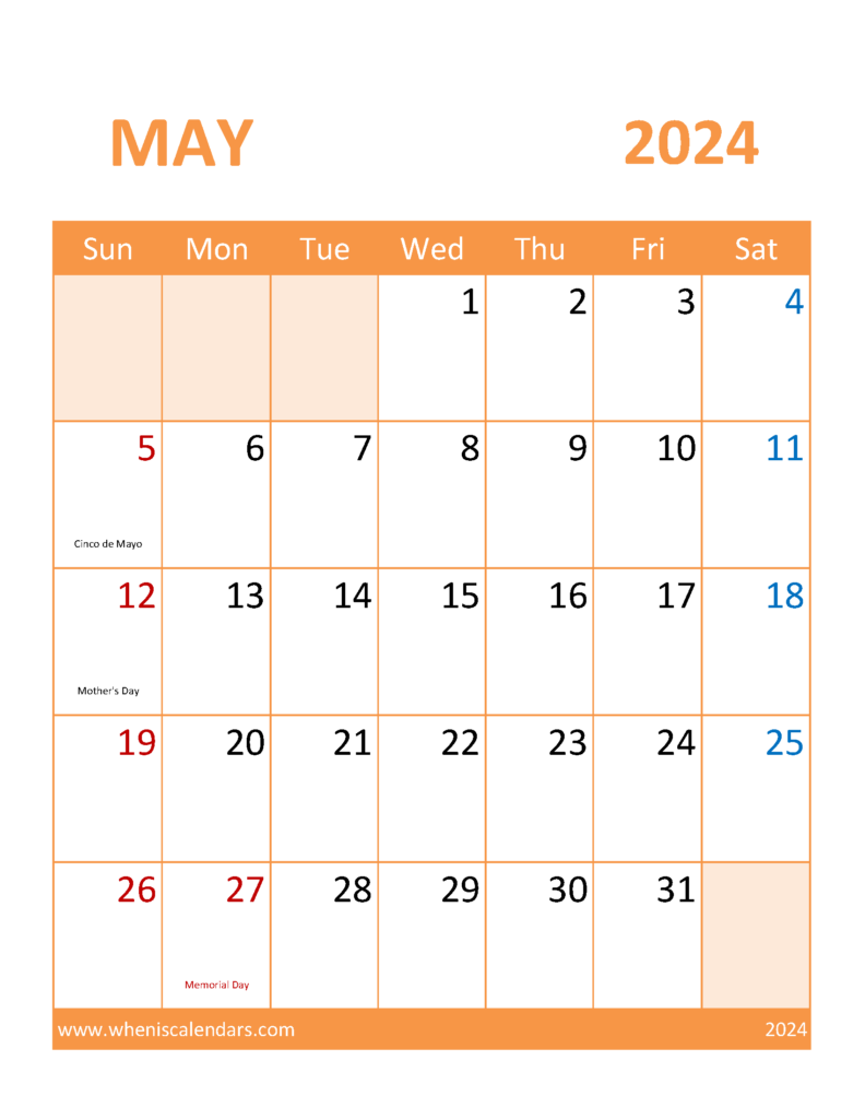 Download Calendar May 2024 excel Letter Vertical 54118