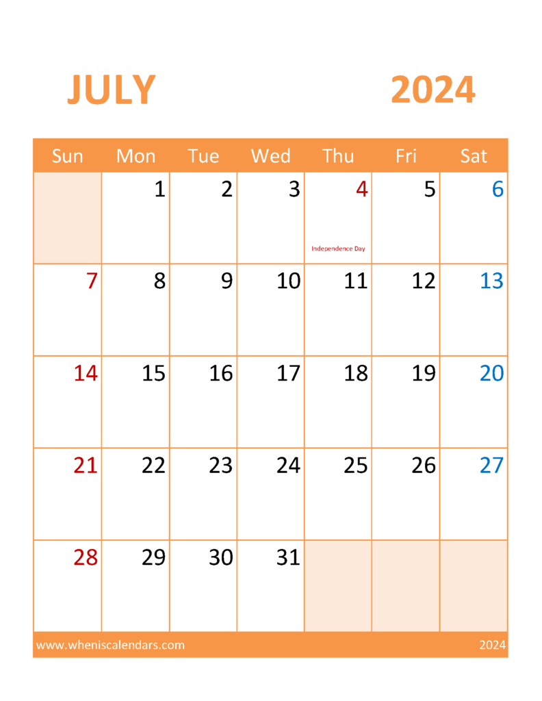 Download Calendar July 2024 excel Letter Vertical 74118
