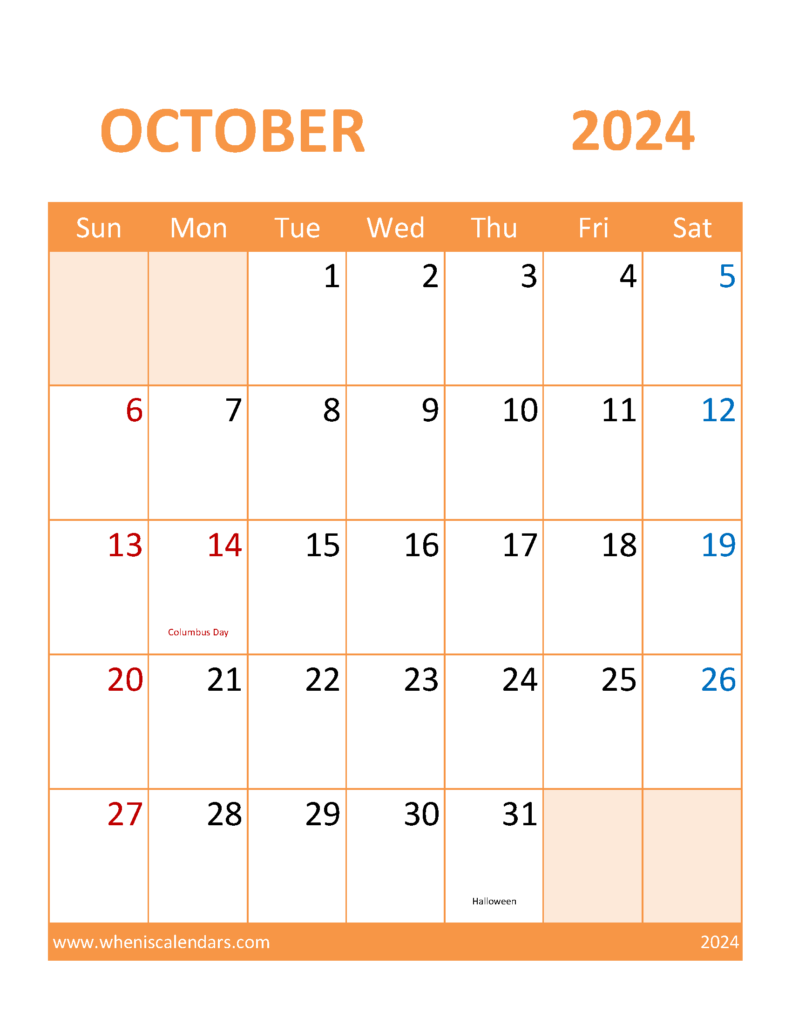 Download Calendar October 2024 excel Letter Vertical 104118