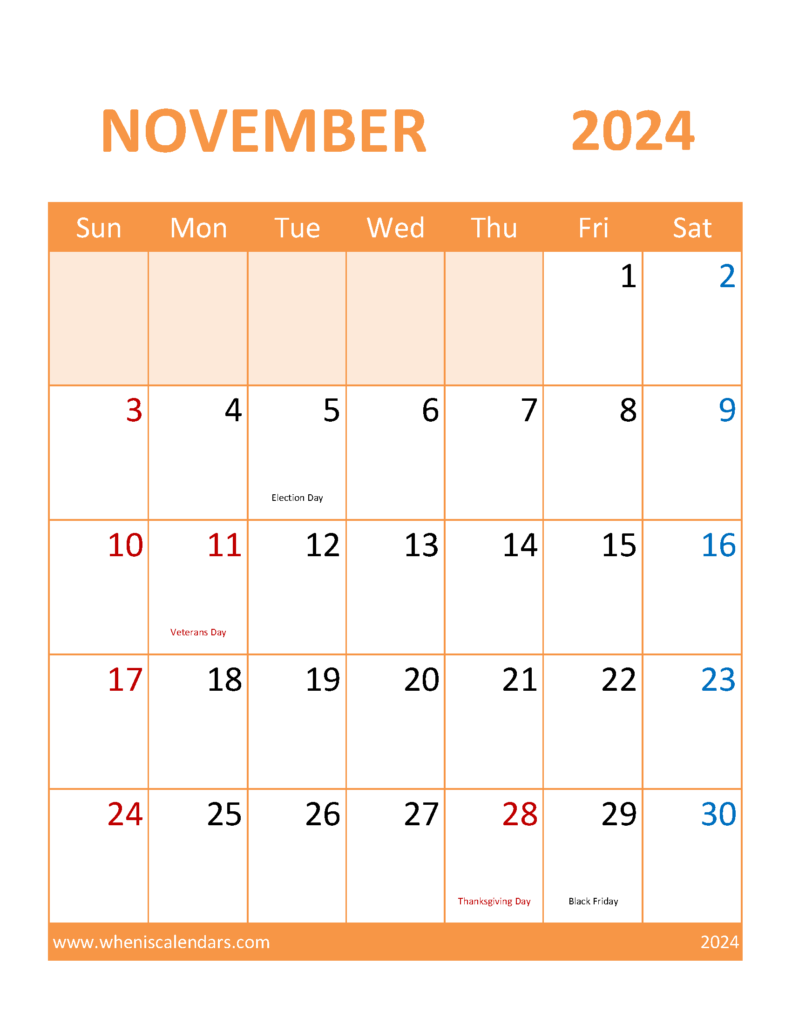 Download Calendar November 2024 excel Letter Vertical 114118