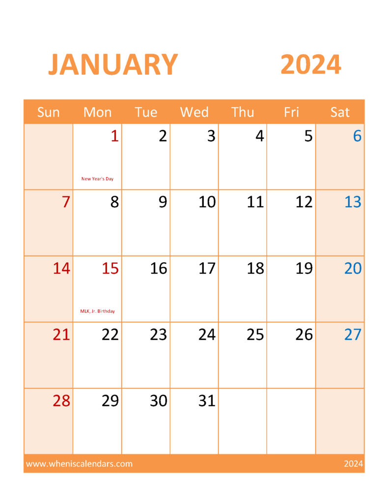 Download Free Printable January 2024 Calendar page Letter Vertical J4119