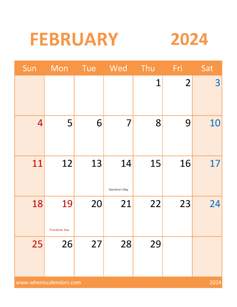 Download Free Printable February 2024 Calendar page Letter Vertical 24119