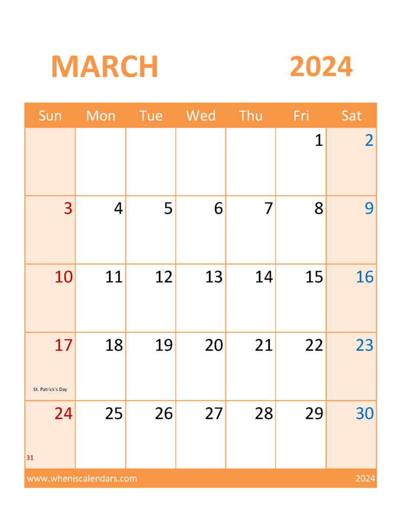 Download Free Printable March 2024 Calendar page Letter Vertical 34119