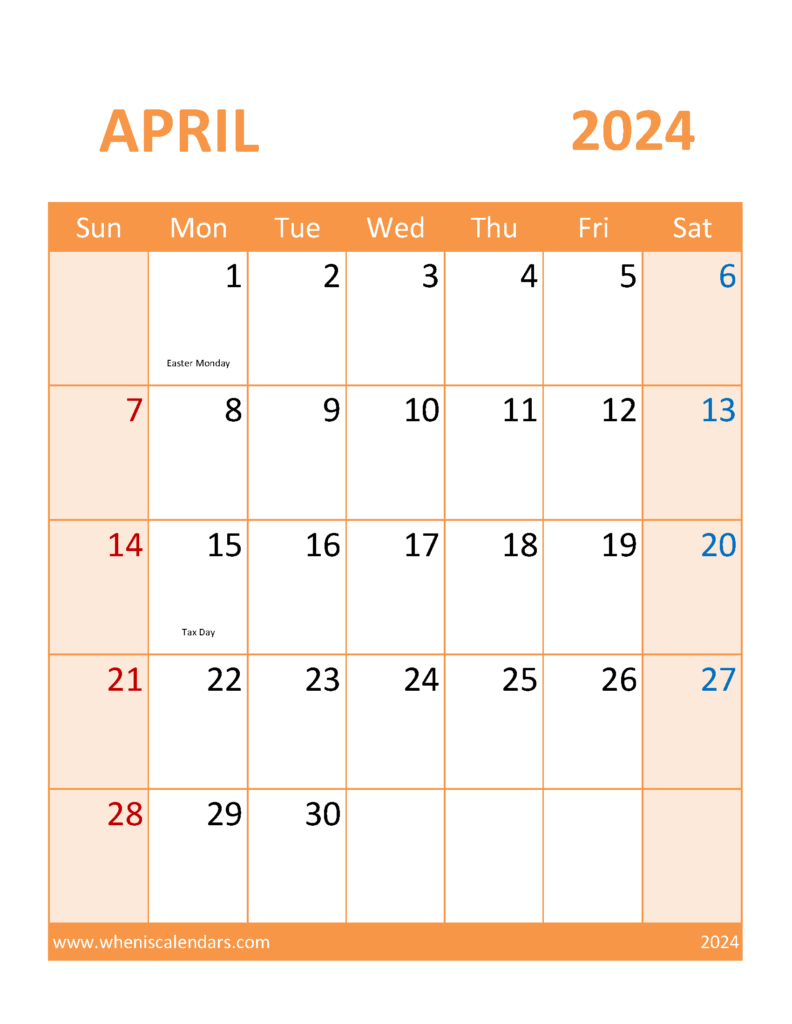 Download Free Printable April 2024 Calendar page Letter Vertical 44119
