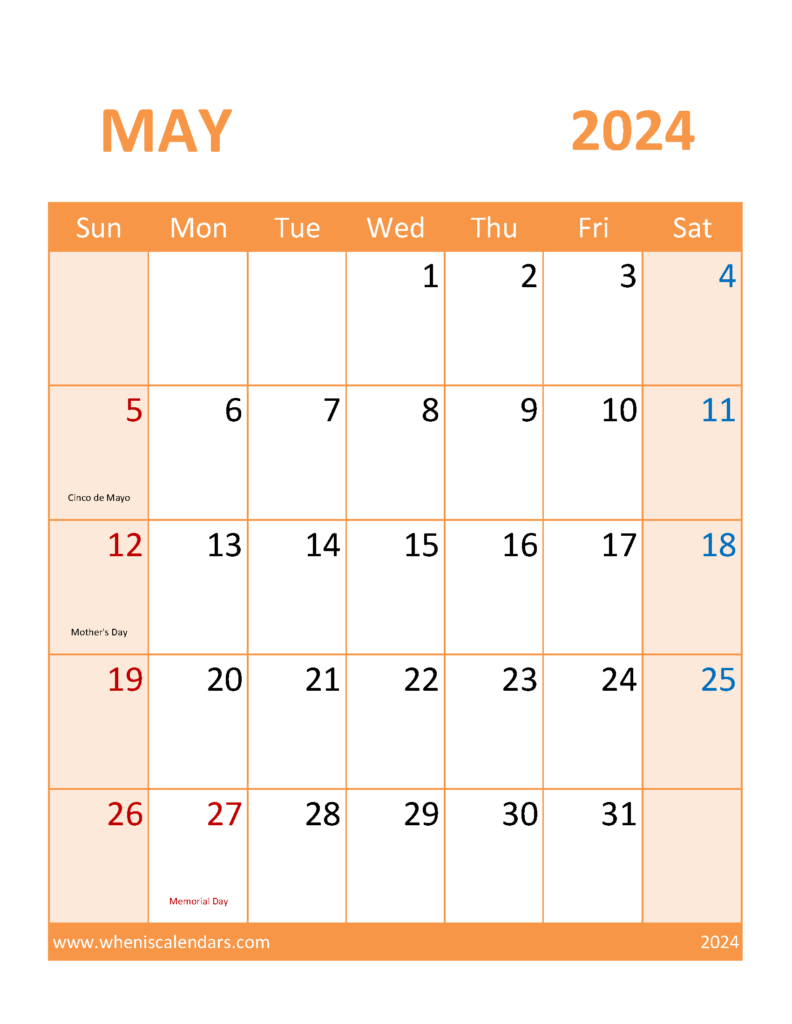 Download Free Printable May 2024 Calendar page Letter Vertical 54119
