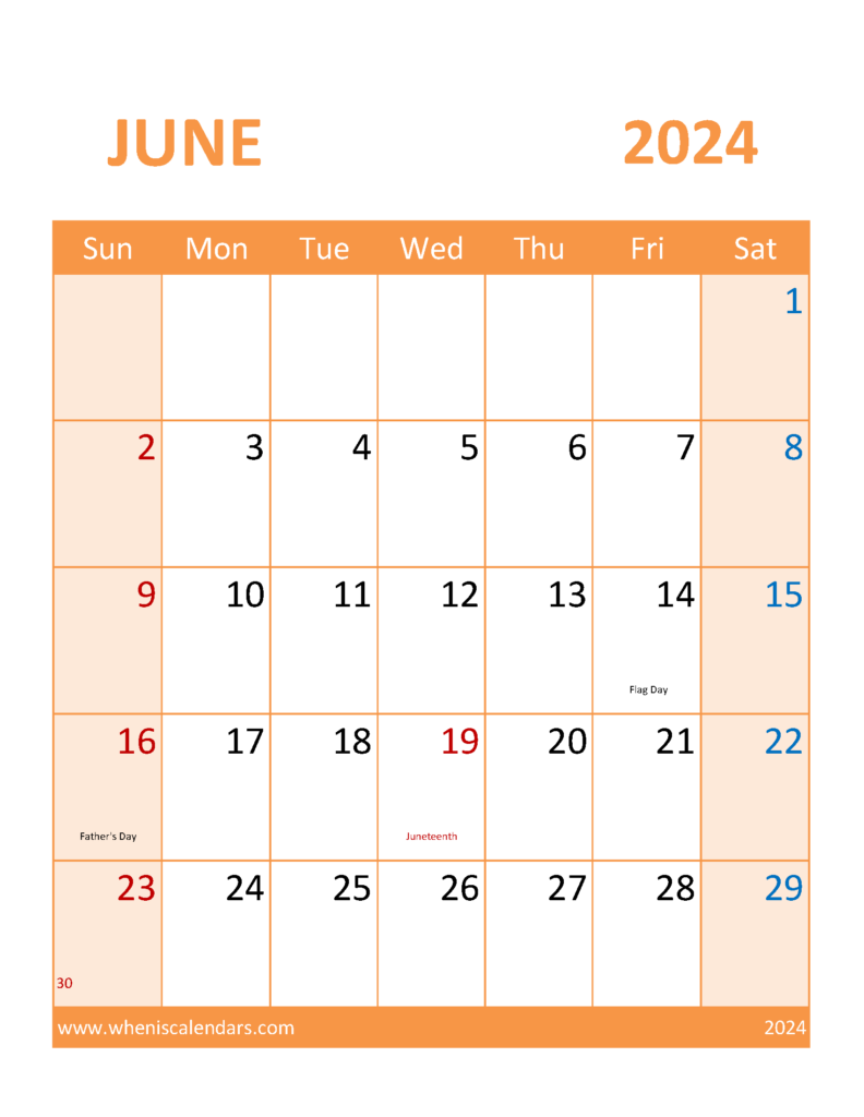 Download Free Printable June 2024 Calendar page Letter Vertical 64119