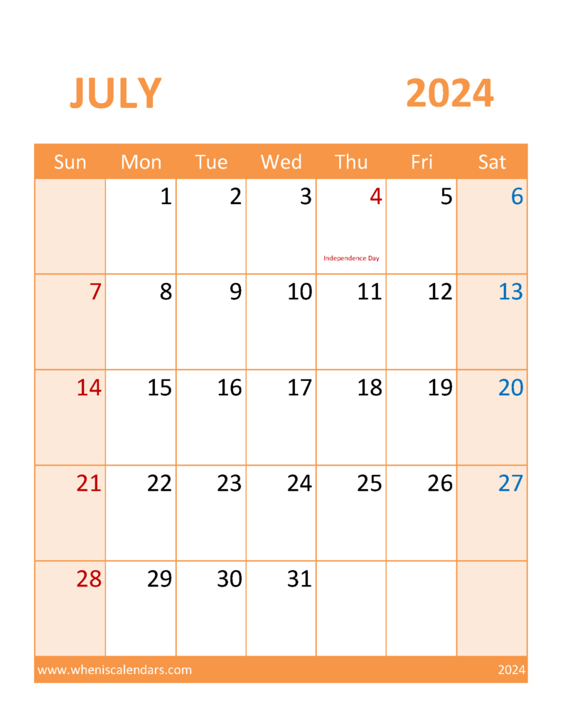 Download Free Printable July 2024 Calendar page Letter Vertical 74119