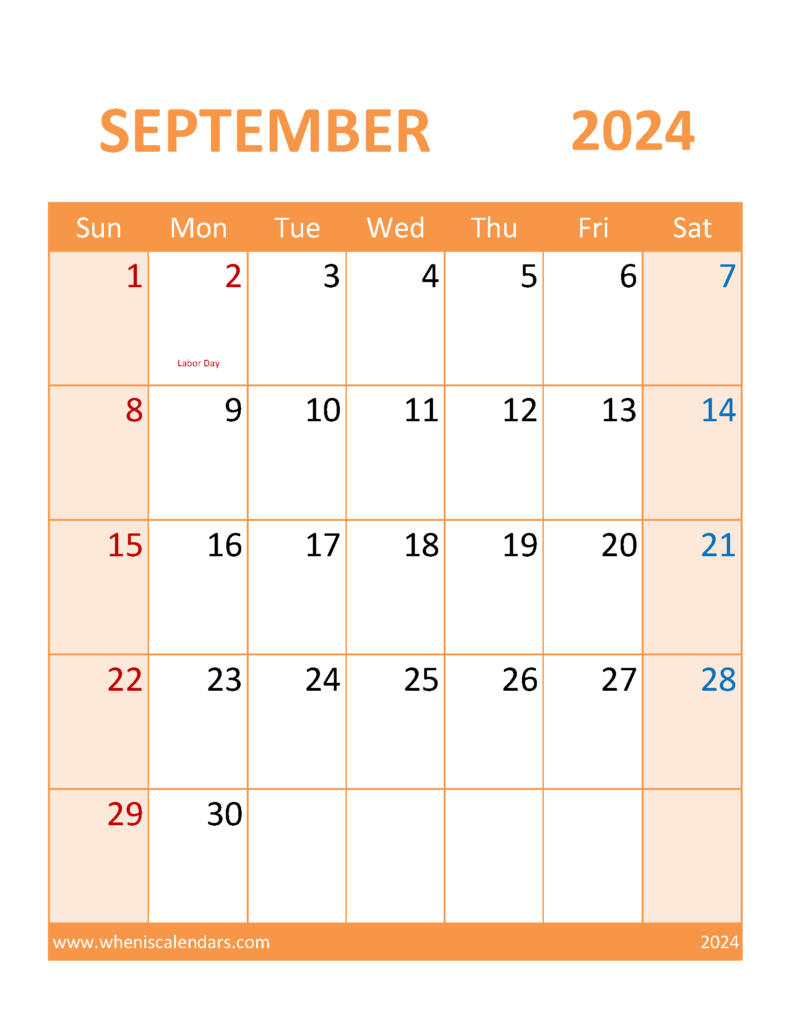 Download Free Printable September 2024 Calendar page Letter Vertical 94119