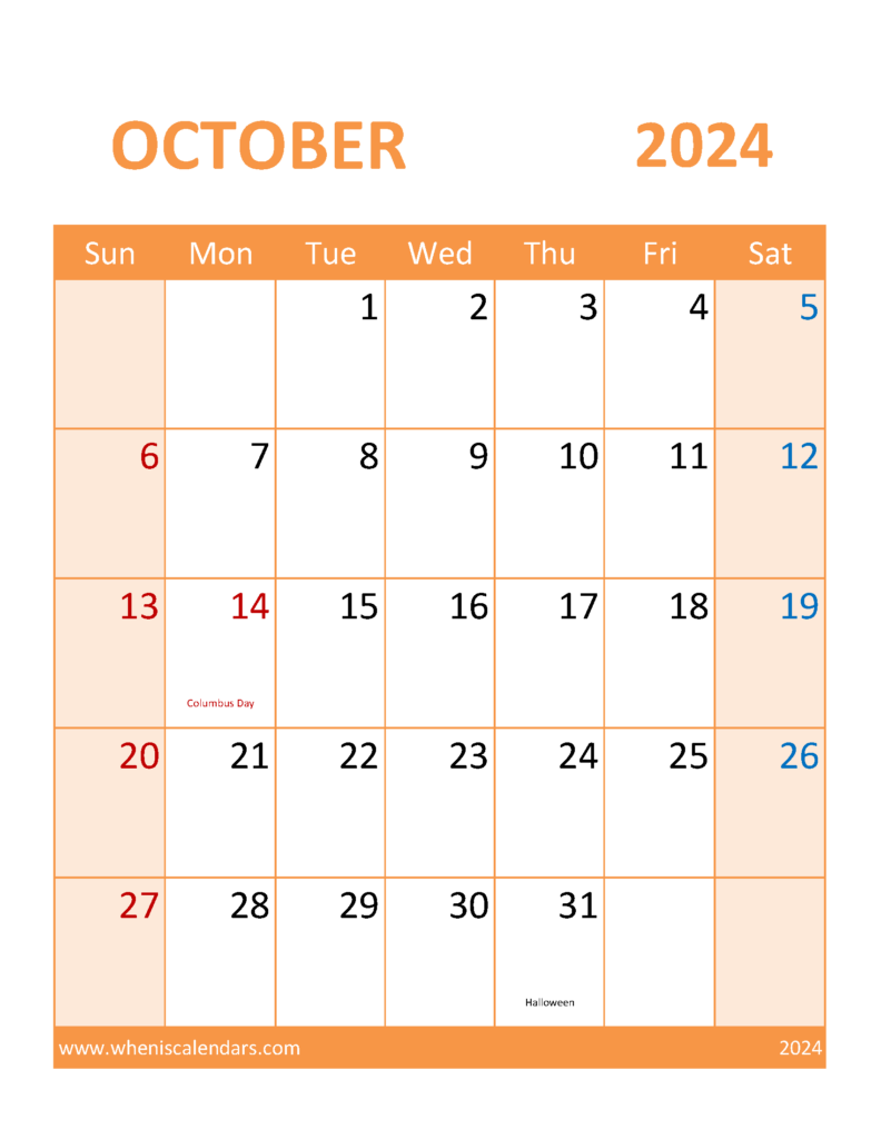 Download Free Printable October 2024 Calendar page Letter Vertical 104119