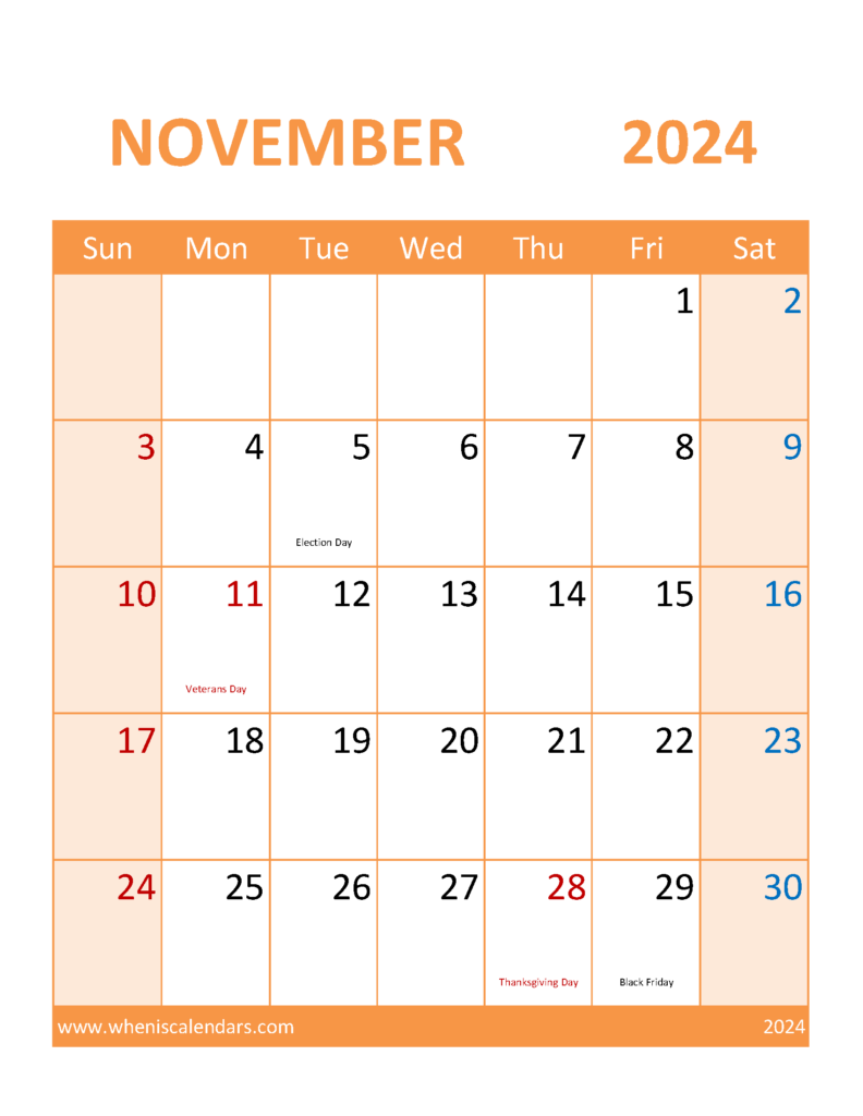 Download Free Printable November 2024 Calendar page Letter Vertical 114119