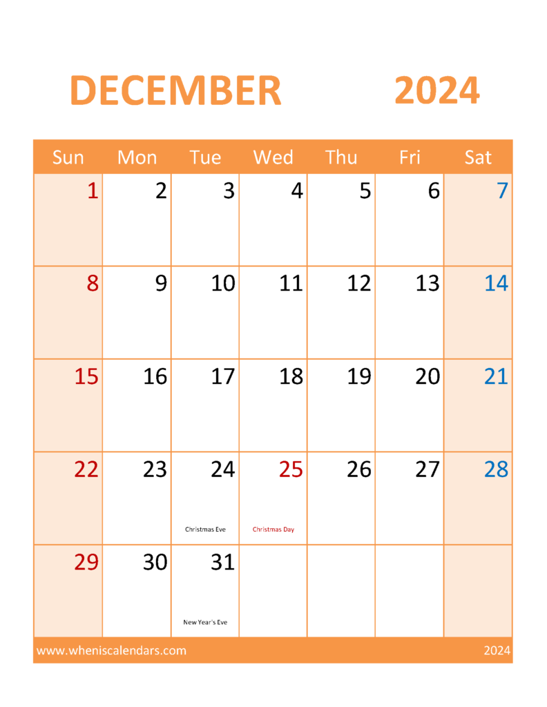 Download Free Printable December 2024 Calendar page Letter Vertical 124119