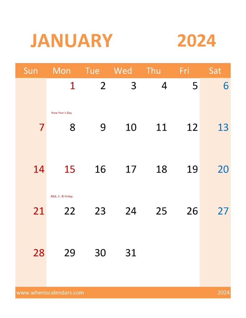 Download Blank Calendar Template 2024 January Letter Vertical J4120