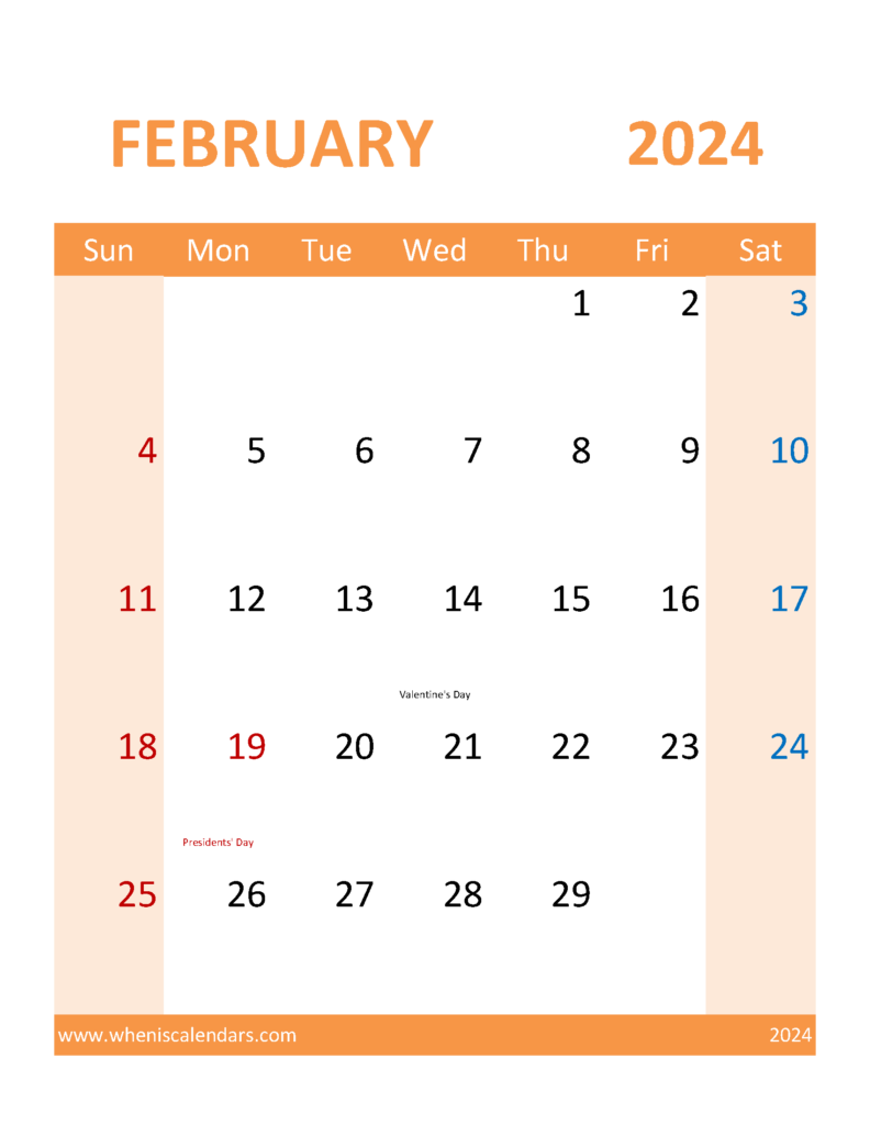 Download Blank Calendar Template 2024 February Letter Vertical 24120
