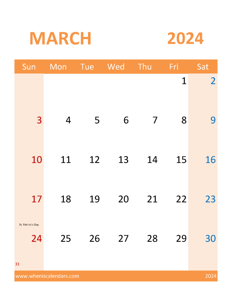 Download Blank Calendar Template 2024 March Letter Vertical 34120