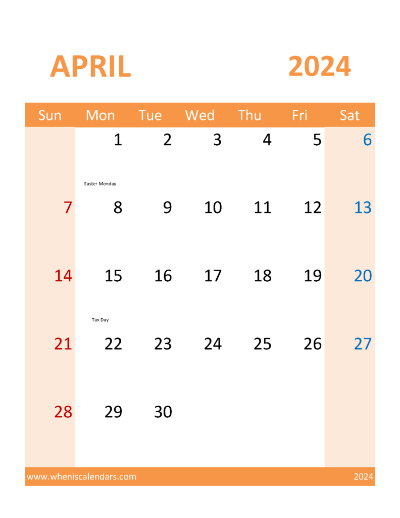 Download Blank Calendar Template 2024 April Letter Vertical 44120