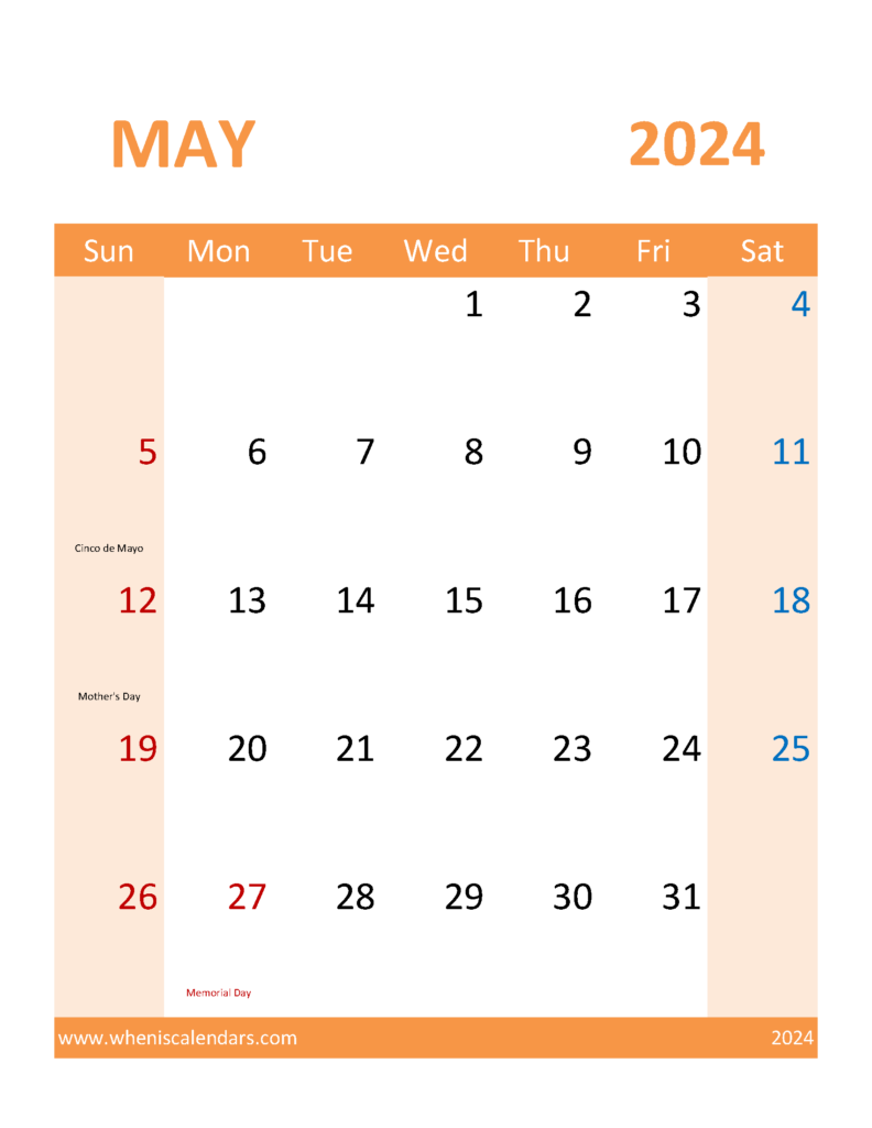 Download Blank Calendar Template 2024 May Letter Vertical 54120