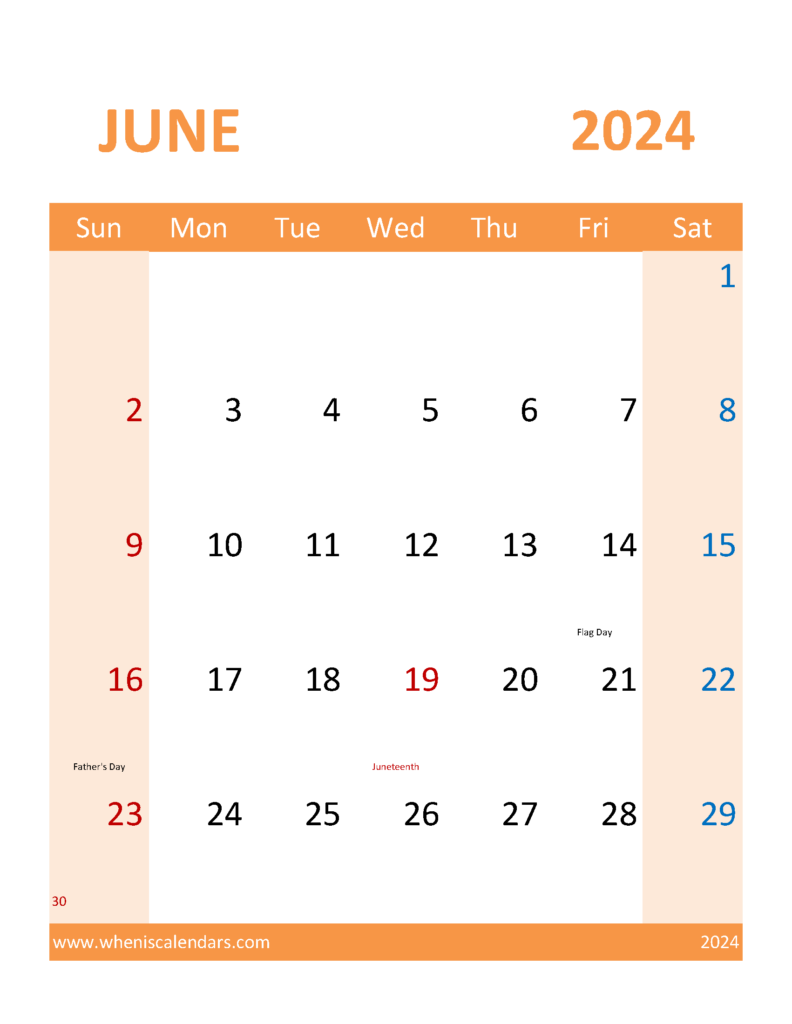 Download Blank Calendar Template 2024 June Letter Vertical 64120