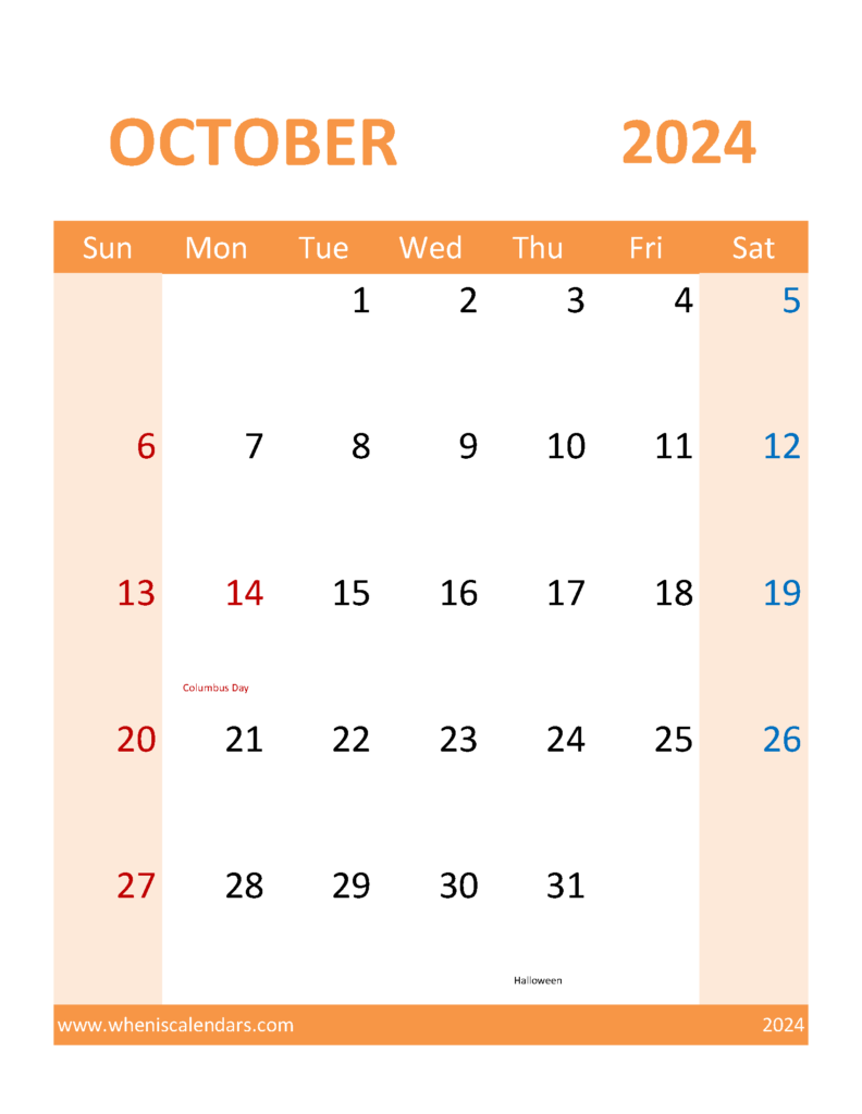 Download Blank Calendar Template 2024 October Letter Vertical 104120