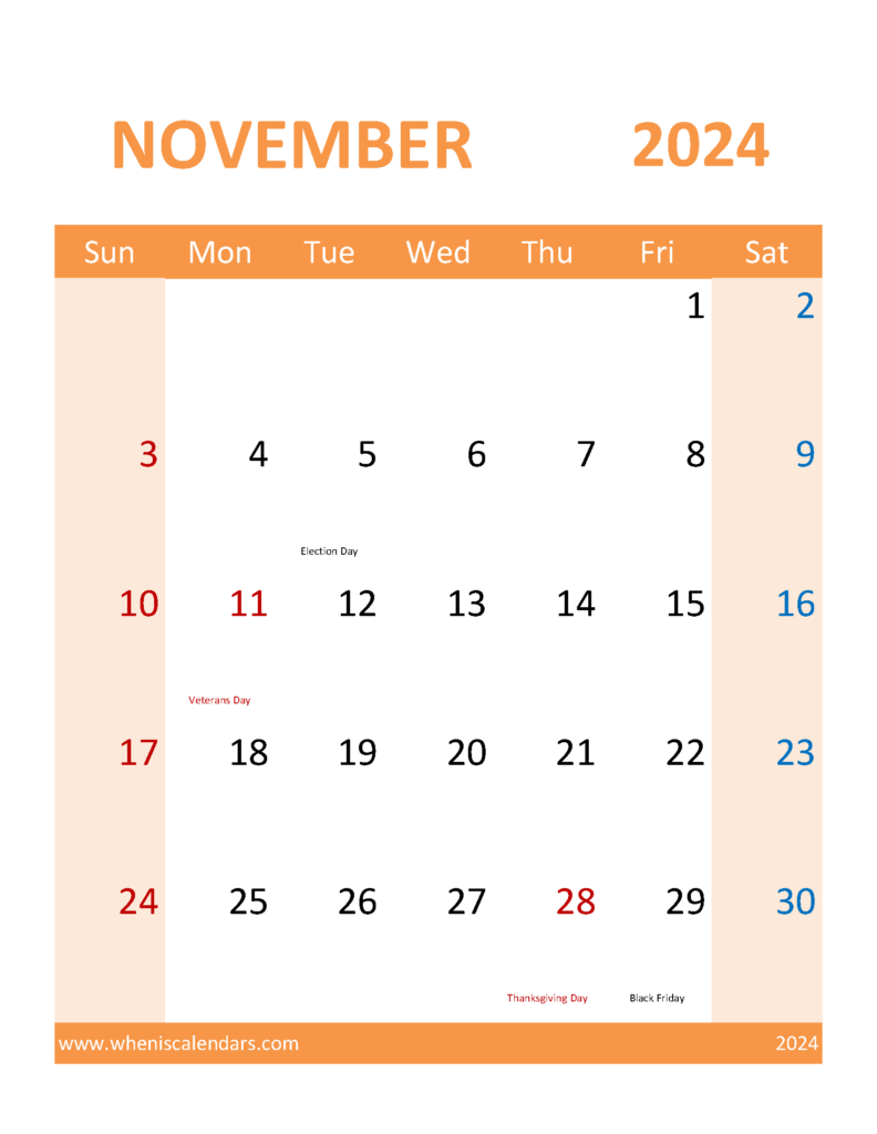 Download Blank Calendar Template 2024 November Letter Vertical 114120